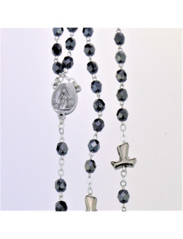 Chapelet chaîne avec perles de verre gris foncé et paters Tau