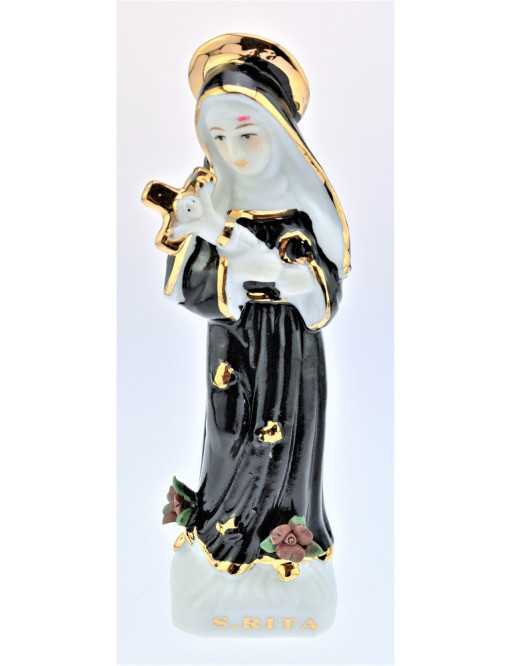 Statuette Sainte Rita en céramique émaillée noire, blanche et dorée