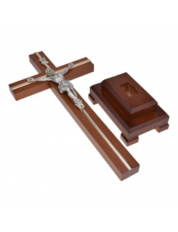 Crucifix sur pied / calvaire / croix sur pied en bois foncé naturel et métal