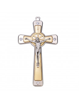 Crucifix / croix métal argenté et doré avec brillants 12 cm
