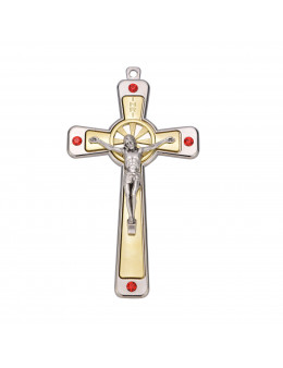 Crucifix / croix métal argenté et doré avec brillants 12 cm