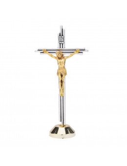 Calvaire / Crucifix / Croix sur pied avec tubes argentés et Christ doré
