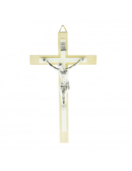 Crucifix / croix en bois clair avec croix en résine et Christ en métal argenté