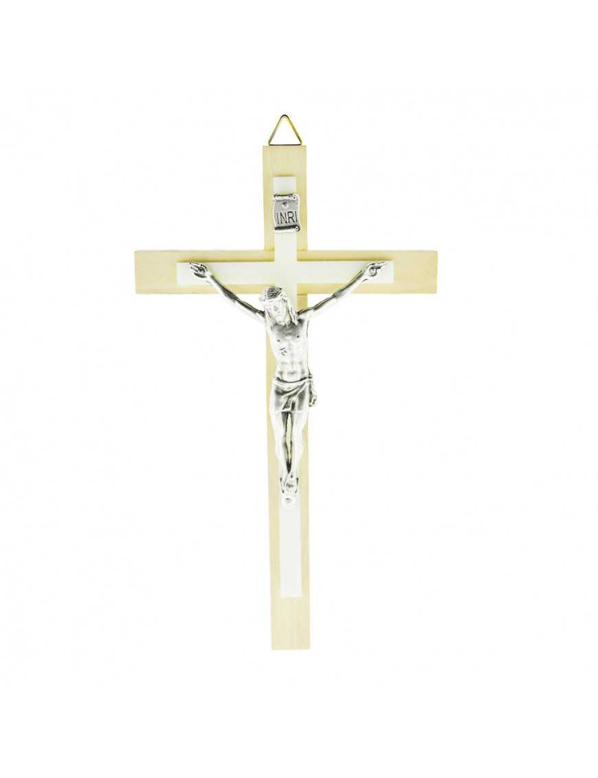 Crucifix / croix en bois clair avec croix en résine et Christ en métal argenté