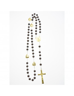 Chapelet perles bois foncé et paters coeurs dorés gravés de l'Apparition