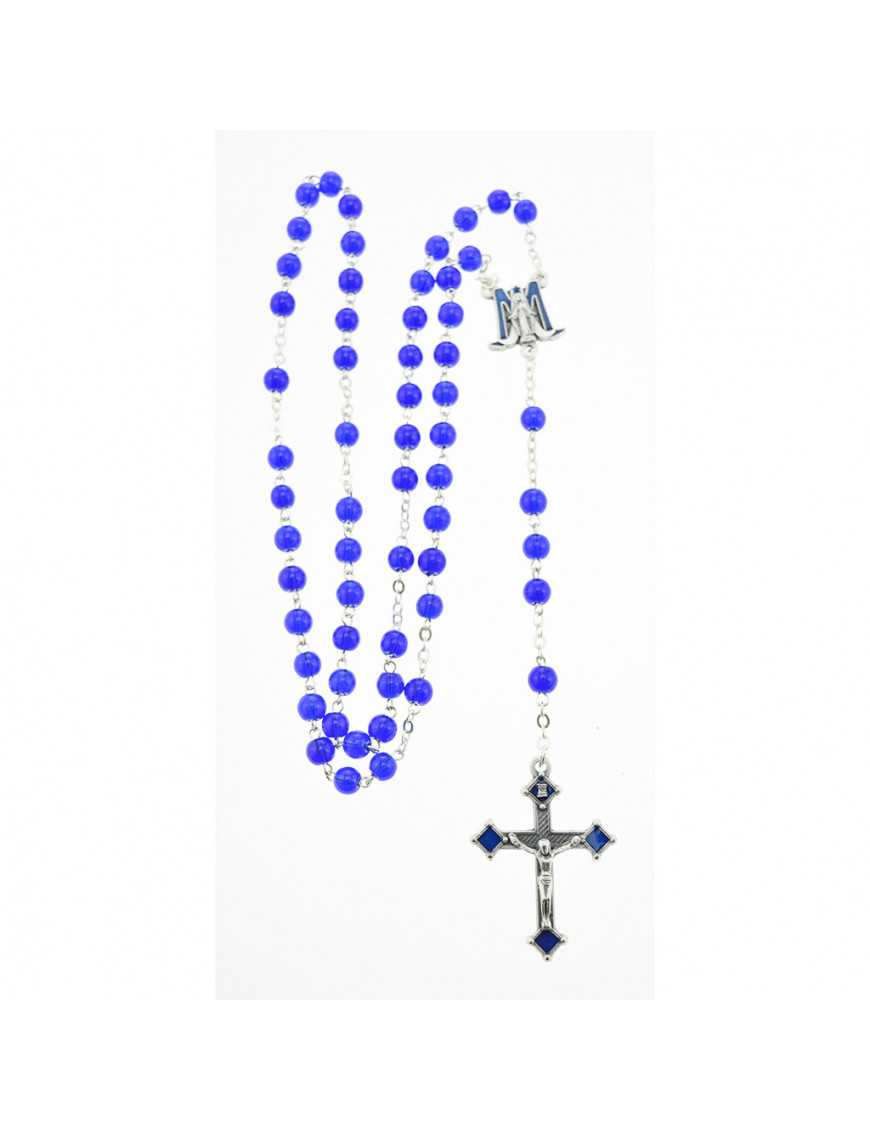 Chapelet chaîne avec perles de verre bleu, coeur smalto et Vierge Miraculeuse