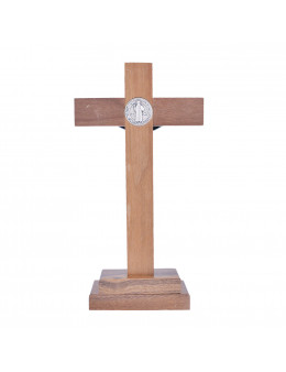 Calvaire / Crucifix / Croix sur pied en bois couleur ébène et christ et croix de St Benoit en métal argenté 28 cm