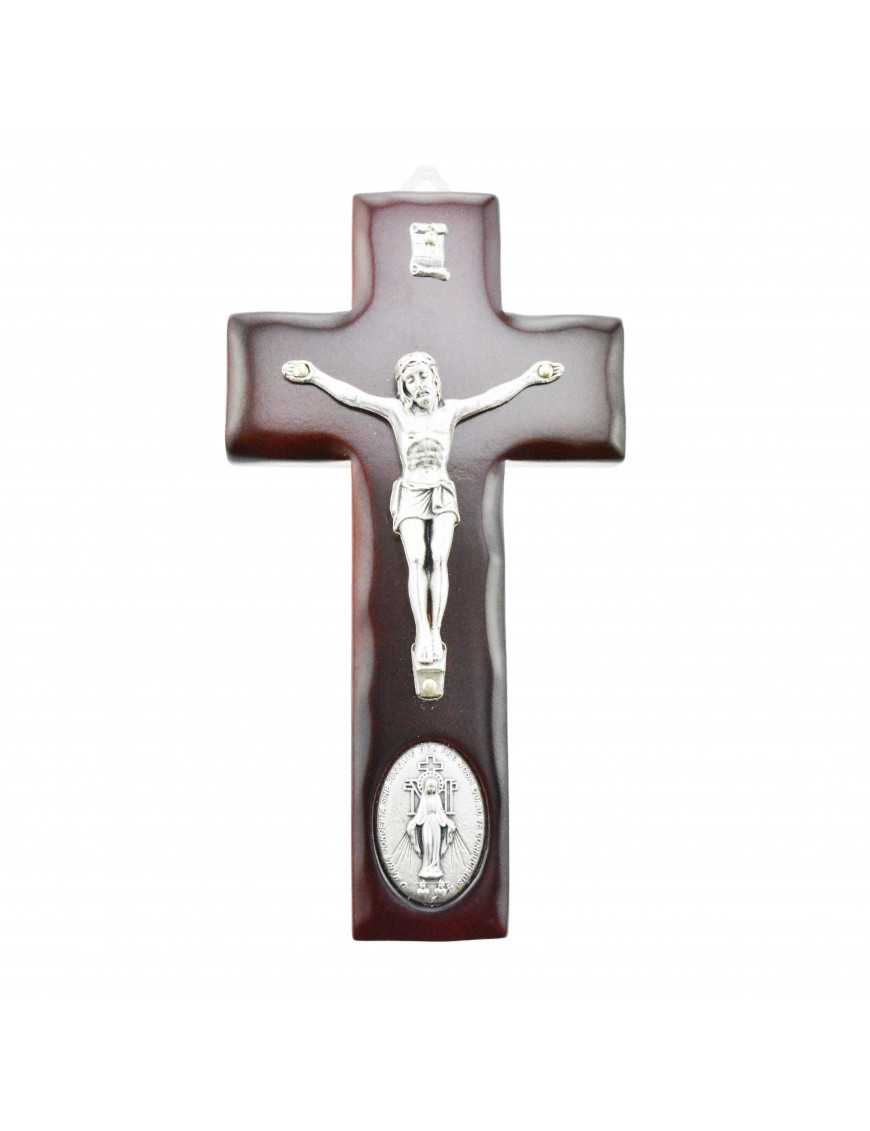 Crucifix / Croix bois orné médaille Vierge Miraculeuse