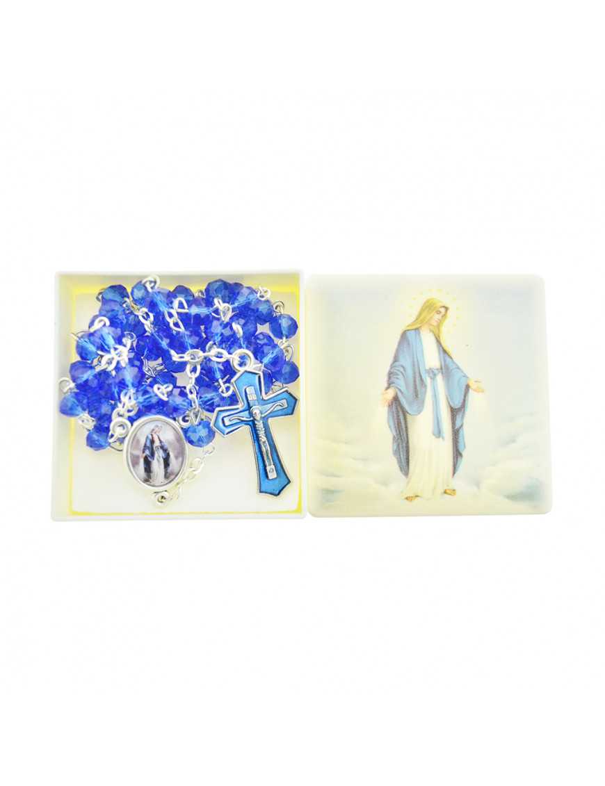 Chapelet Vierge miraculeuse chaîne avec perles bleues avec boite