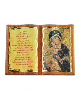 Image sainte sur bois Vierge et l'enfant et prière Ave Marie forme livre ouvert