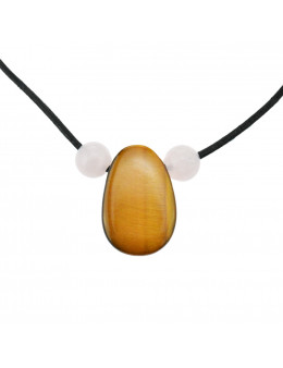 Collier corde et pierres, composition unique Oeil de tigre et quartz rose